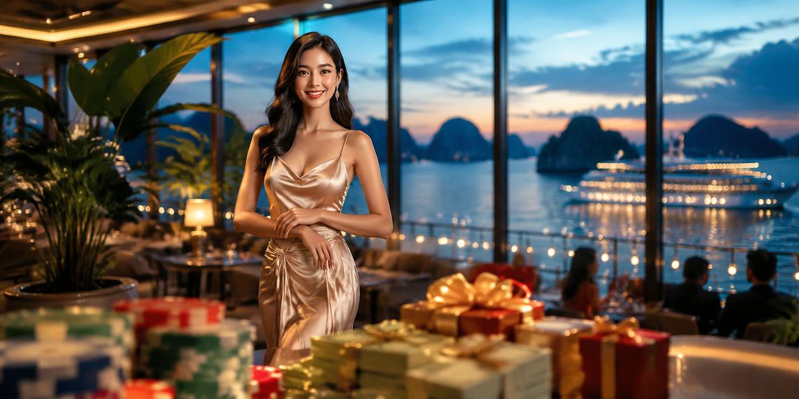 Người chơi tận hưởng game và cashback bên bờ biển vịnh Hạ Long — giải trí ngoài trời